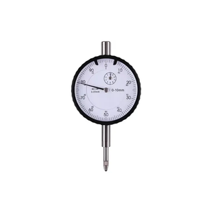 Precision dial indicator with 0.01mm graduation, 0-10mm range, shockproof steel construction, 58mm broad knurled metal bezel, and 8mm standard mounting stem for industrial measurement.