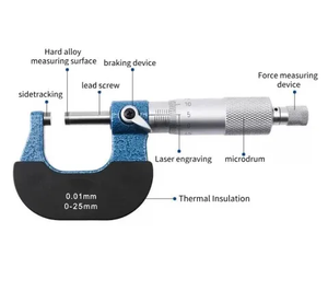 Precision chrome plated mechanical outside micrometer featuring a carbon steel frame, hard alloy measuring faces, heat insulation plate, ratchet stop, and 0.001mm laser engraved graduation for industrial measurement.