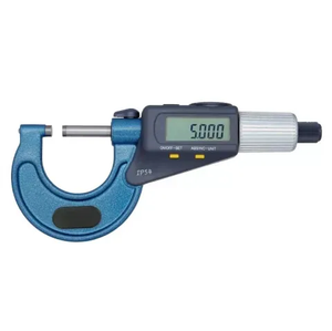 Professional H-193 dual display digital outside micrometer with bi-directional reversible screen, IP54 dust and water protection, 0.001mm resolution, and carbide measuring faces for ergonomic precision measurement in industrial machining and QC.
