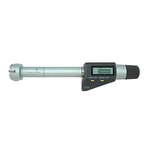 Professional H-335-950 digital internal bore micrometer featuring a 6-50mm three-point contact system, IP54 protection, chrome-plated surface, ratchet thimble, and RS232C data output for precision measurement of blind and through holes.