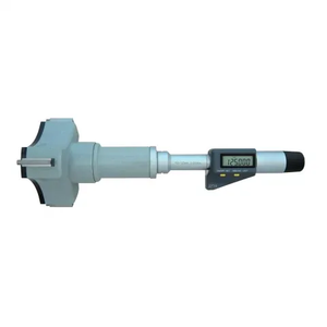 Professional digital three-point internal micrometer set covering 2-300mm measuring range, featuring IP54 protection, carbide measuring faces, RS232 data output, and included calibration rings and extension rods for precision bore measurement.