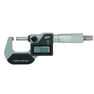 Professional H-133-658 IP65 waterproof digital outside micrometer featuring carbide measuring faces, a high-precision 0.001mm LCD display, an absolute ABS measuring system, and robust sealing for precision measurement in coolant and oil-filled CNC machine environments.