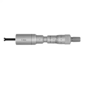 Precision H-375 three-point internal micrometer with a specialized two-point expanding probe for 2-6mm small bore measurement, featuring 0.001mm resolution, a ratchet thimble, and an included calibration ring for micro-machining and precision QC.